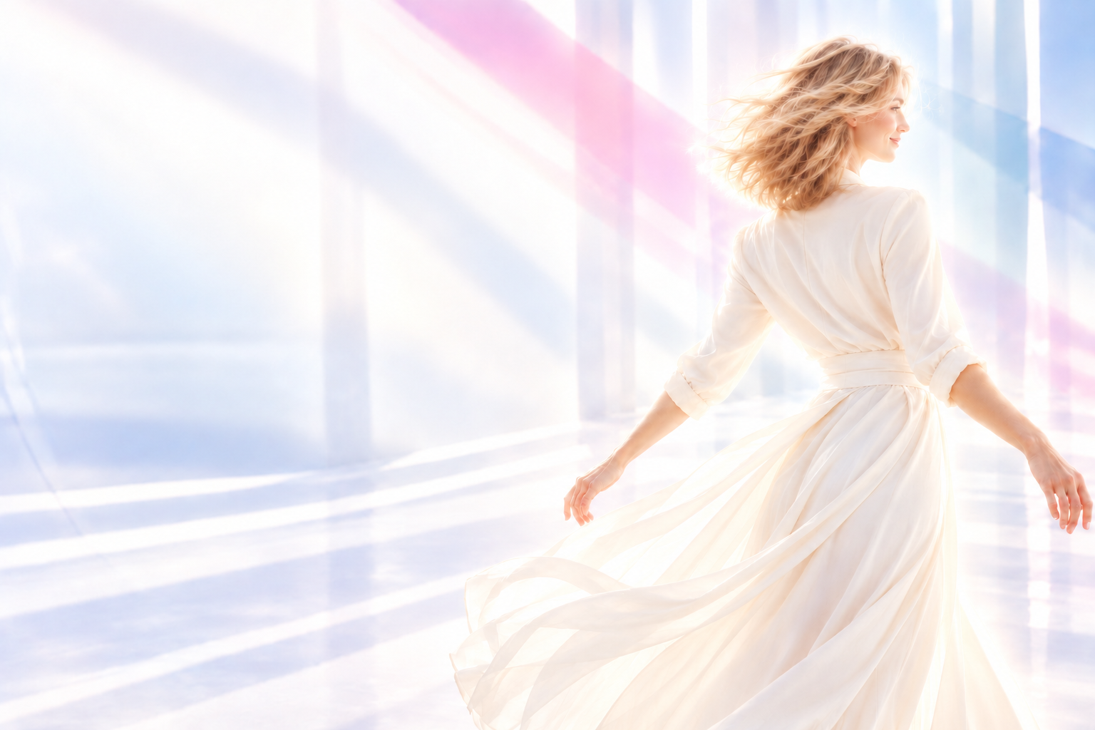 Blonde woman turning away gracefully through blue and pink light